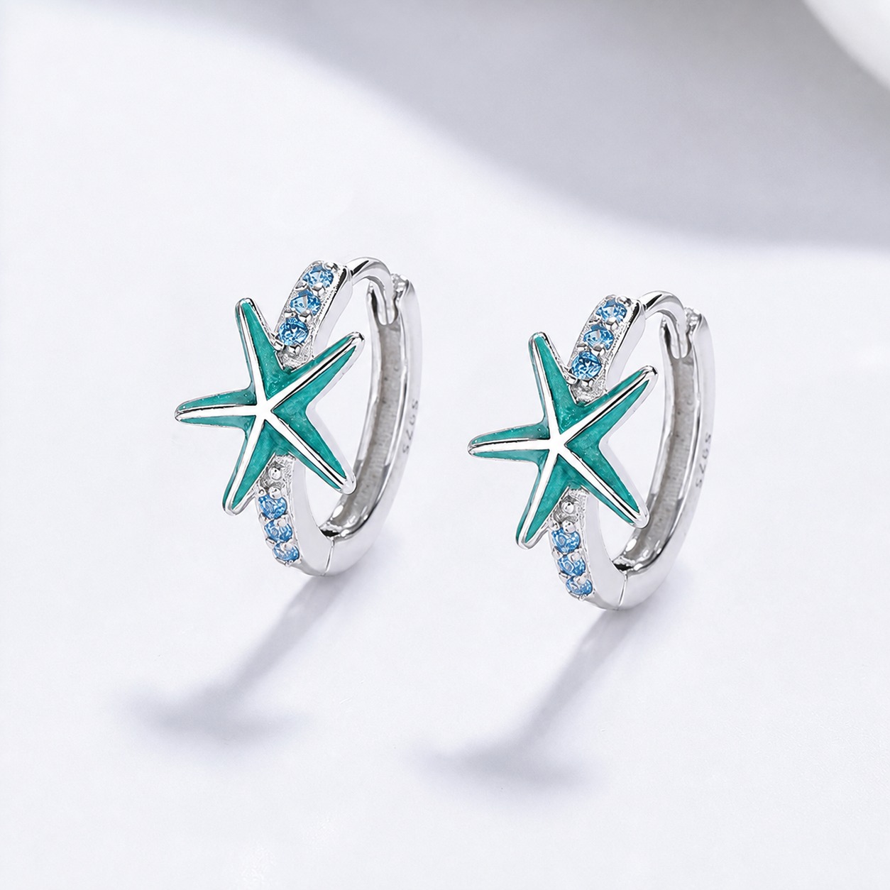Blue Star Sea Urchin Cubic Zirconium Sea Star Circular 925 Sterling Silver Earrings view 2