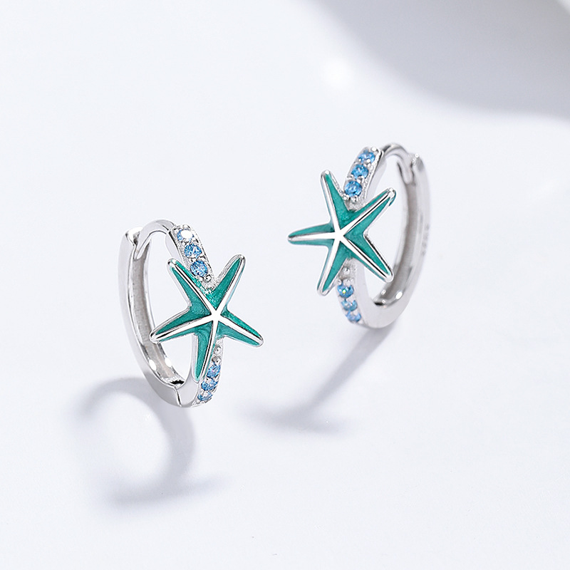Blue Star Sea Urchin Cubic Zirconium Sea Star Circular 925 Sterling Silver Earrings view 3