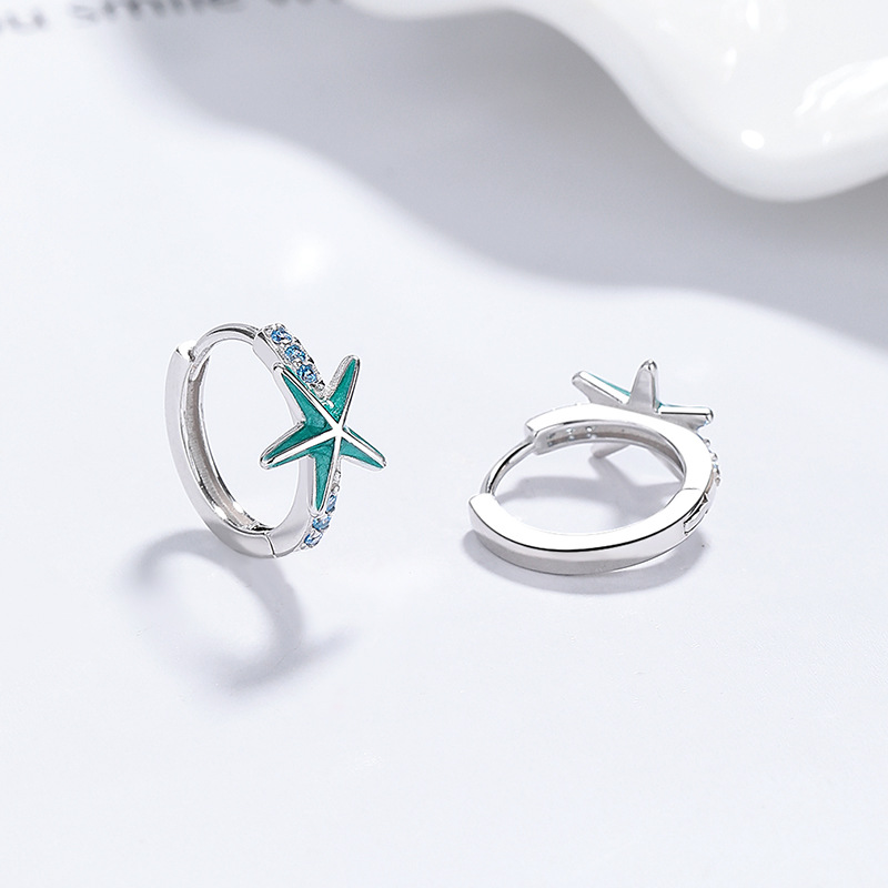 Blue Star Sea Urchin Cubic Zirconium Sea Star Circular 925 Sterling Silver Earrings view 4