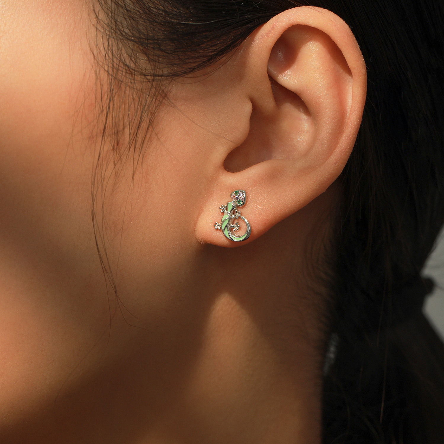 Rainbow Cube Zirconium Blue Mint Green Enamel Lizard-shaped 925 Silver Earrings view 2