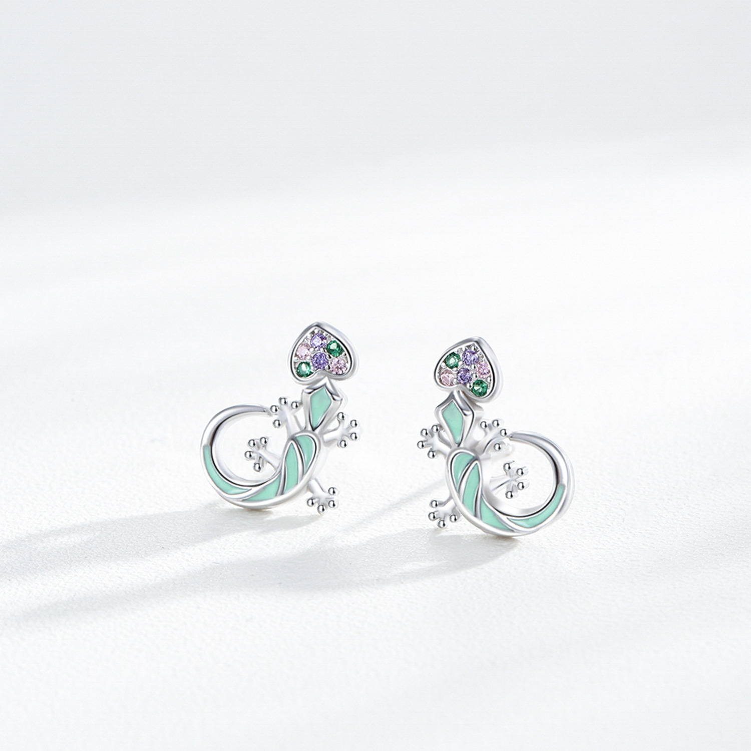 Rainbow Cube Zirconium Blue Mint Green Enamel Lizard-shaped 925 Silver Earrings view 3
