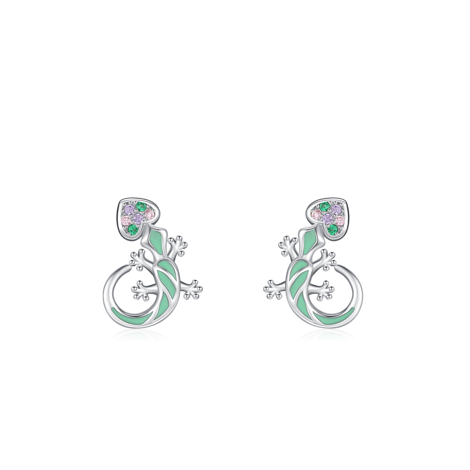 Rainbow Cube Zirconium Blue Mint Green Enamel Lizard-shaped 925 Silver Earrings view 5