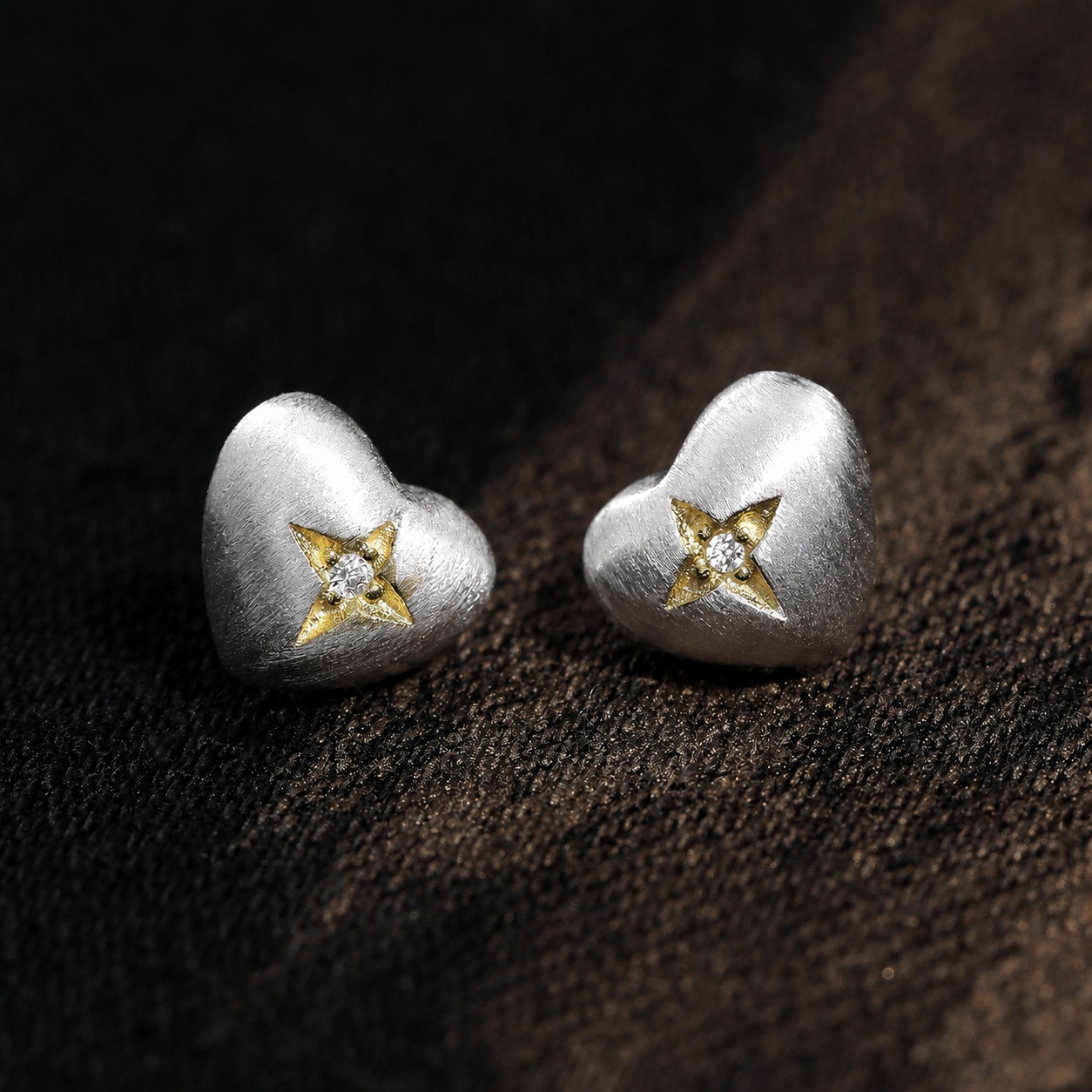 Brushed Heart-Shaped Zirconia Two Tone 925 Sterling Silver Gold-Plated Star Patterned Heart Stud Earrings view 2