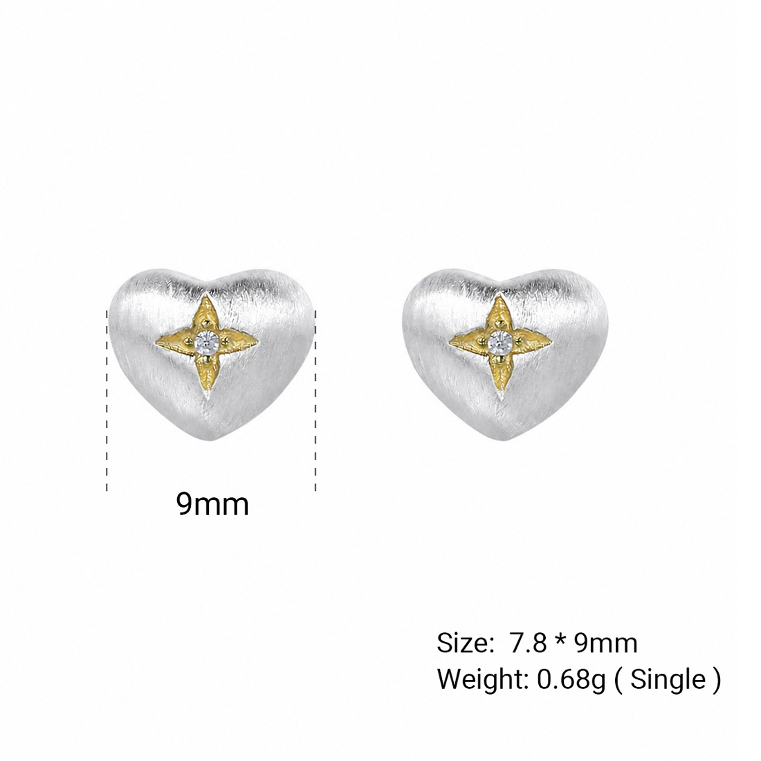 Brushed Heart-Shaped Zirconia Two Tone 925 Sterling Silver Gold-Plated Star Patterned Heart Stud Earrings view 5