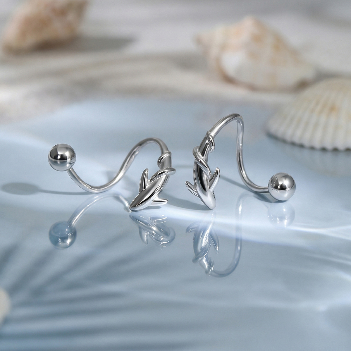 Swimming Fish-Shaped Curved Ball Back Design 925 Sterling Silver Animal Themed Stud Earrings view 2