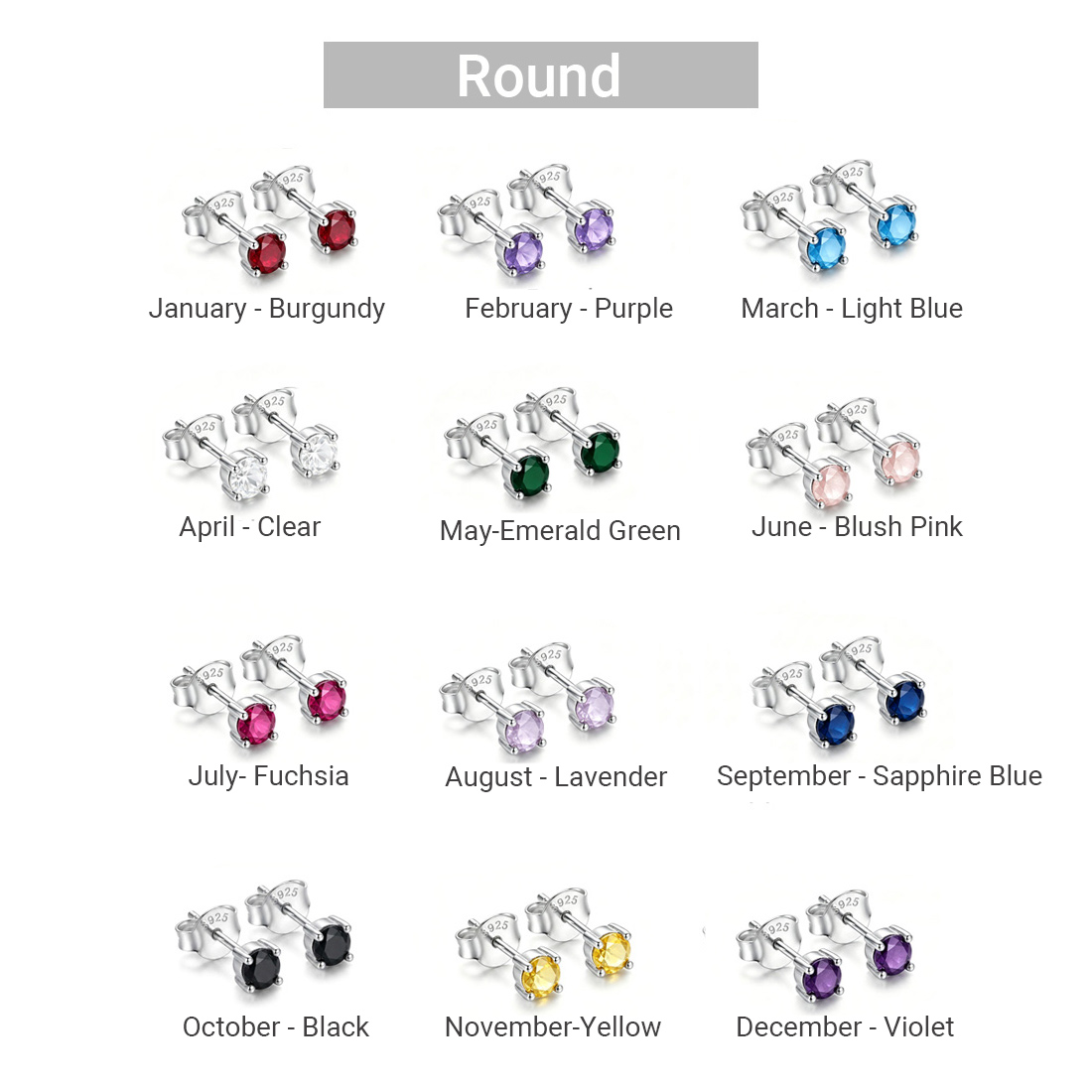 925 Sterling Silver Personalized Birthstone Earrings - Custom Women Dainty Multi Shape Amazing Crystals Stud Earring view 2