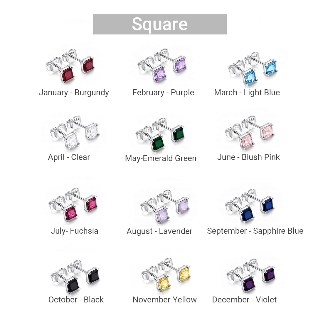 925 Sterling Silver Personalized Birthstone Earrings - Custom Women Dainty Multi Shape Amazing Crystals Stud Earring view 5