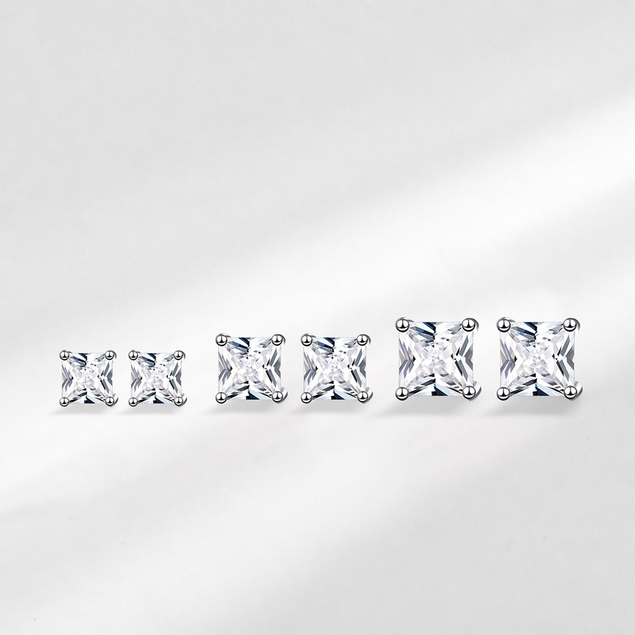 Princess Cut Amazing Crystals Four Prong 925 Sterling Silver Stud Earrings Geometric White Gold Color Minimal Unisex Earrings view 2