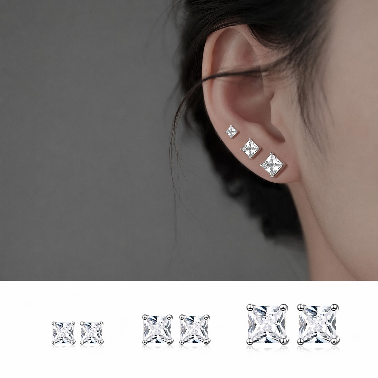 Princess Cut Amazing Crystals Four Prong 925 Sterling Silver Stud Earrings Geometric White Gold Color Minimal Unisex Earrings view 3