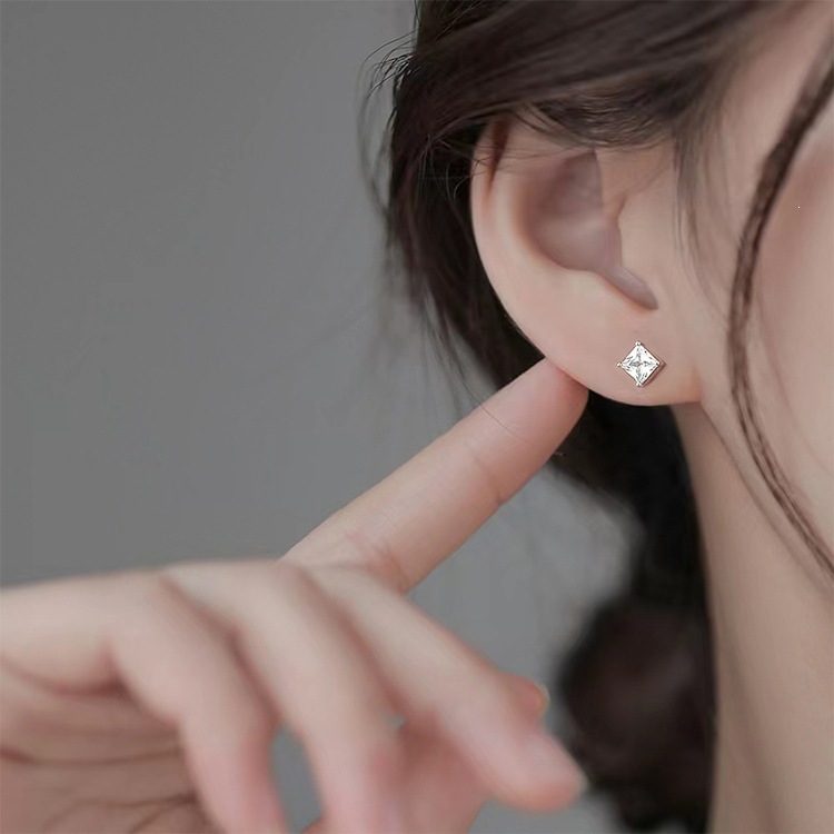 Princess Cut Amazing Crystals Four Prong 925 Sterling Silver Stud Earrings Geometric White Gold Color Minimal Unisex Earrings view 4