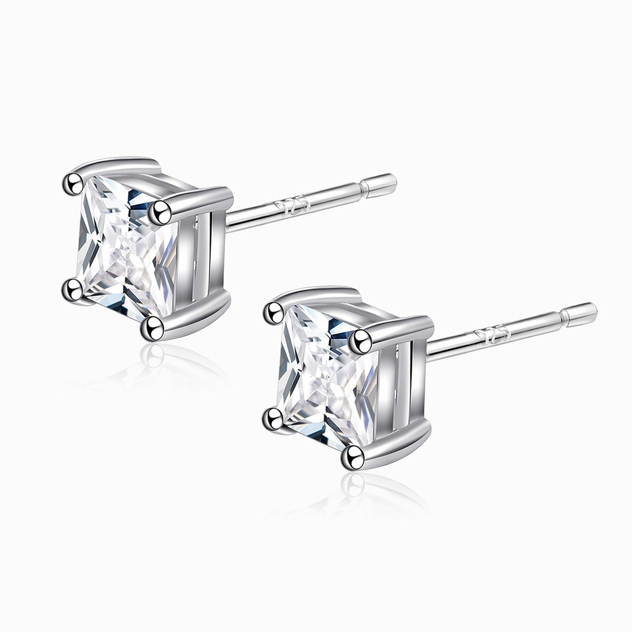 Princess Cut Amazing Crystals Four Prong 925 Sterling Silver Stud Earrings Geometric White Gold Color Minimal Unisex Earrings view 5