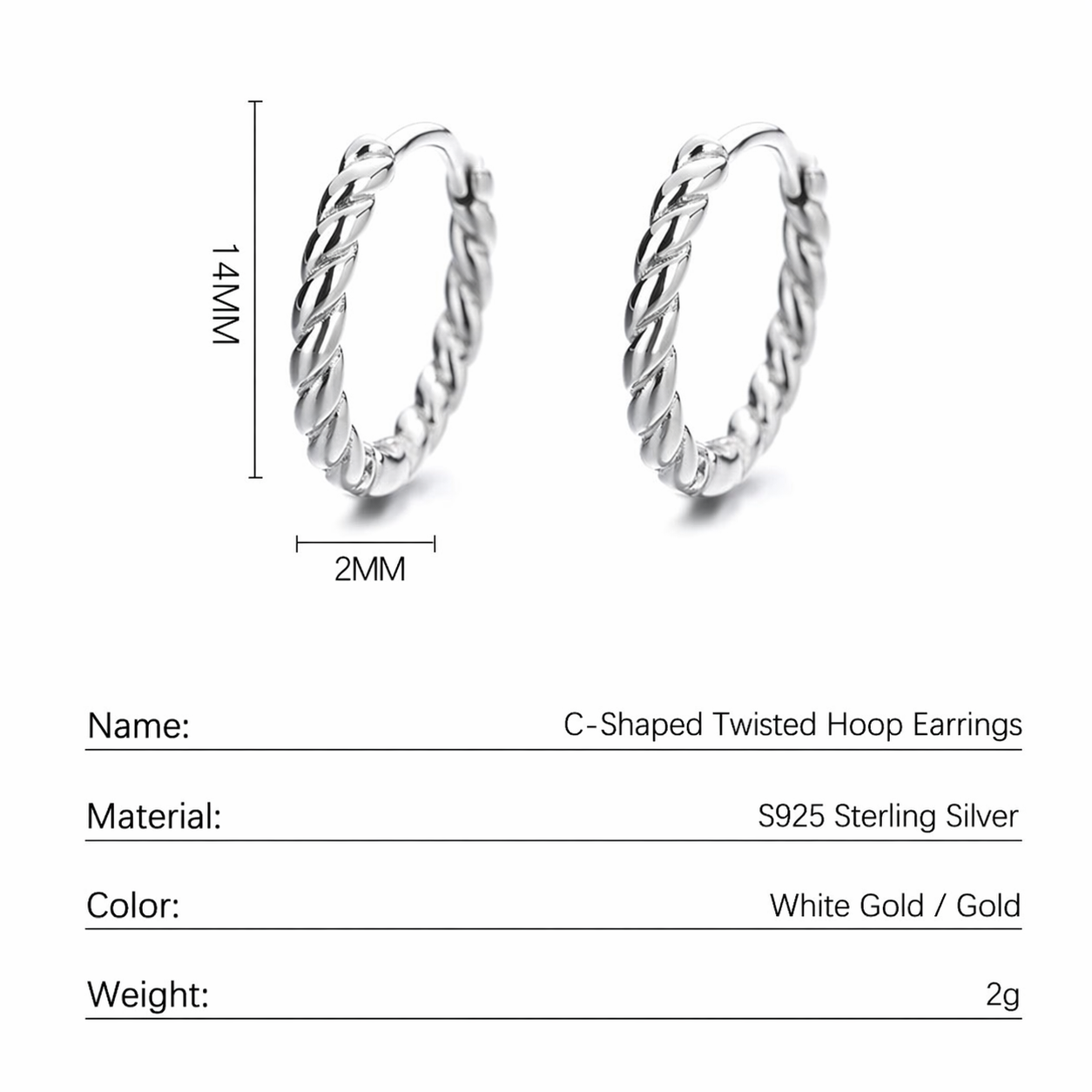 Pure Metal Twisted C Shape Hoop Earrings S925 Sterling Silver Minimalist Rope Texture Wave Design Earrings view 6