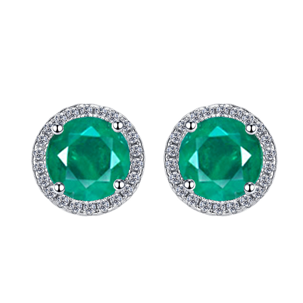 Amazing Crystals Halo Round Green Simulated Emerald 925 Sterling Silver Stud Earrings for Women Modern Geometric Classic Elegant Fashion Office Casual Party Gift Jewelry