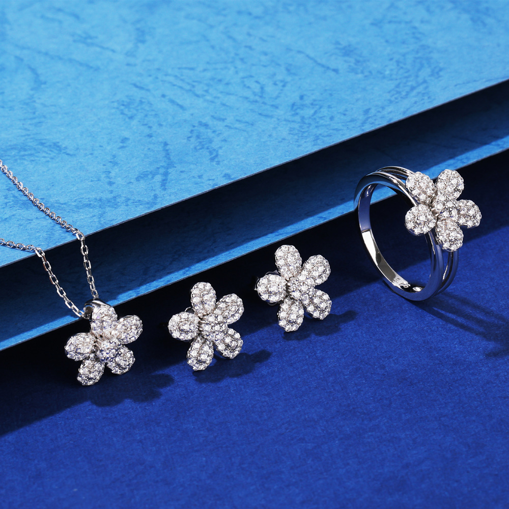 Silver Six Petal Flower Amazing Crystals Micro Pave S925 Sterling Silver Delicate Floral DesignStud Earrings view 2