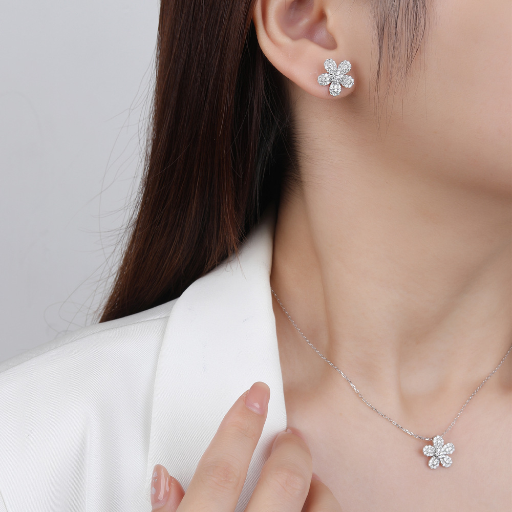 Silver Six Petal Flower Amazing Crystals Micro Pave S925 Sterling Silver Delicate Floral DesignStud Earrings view 4