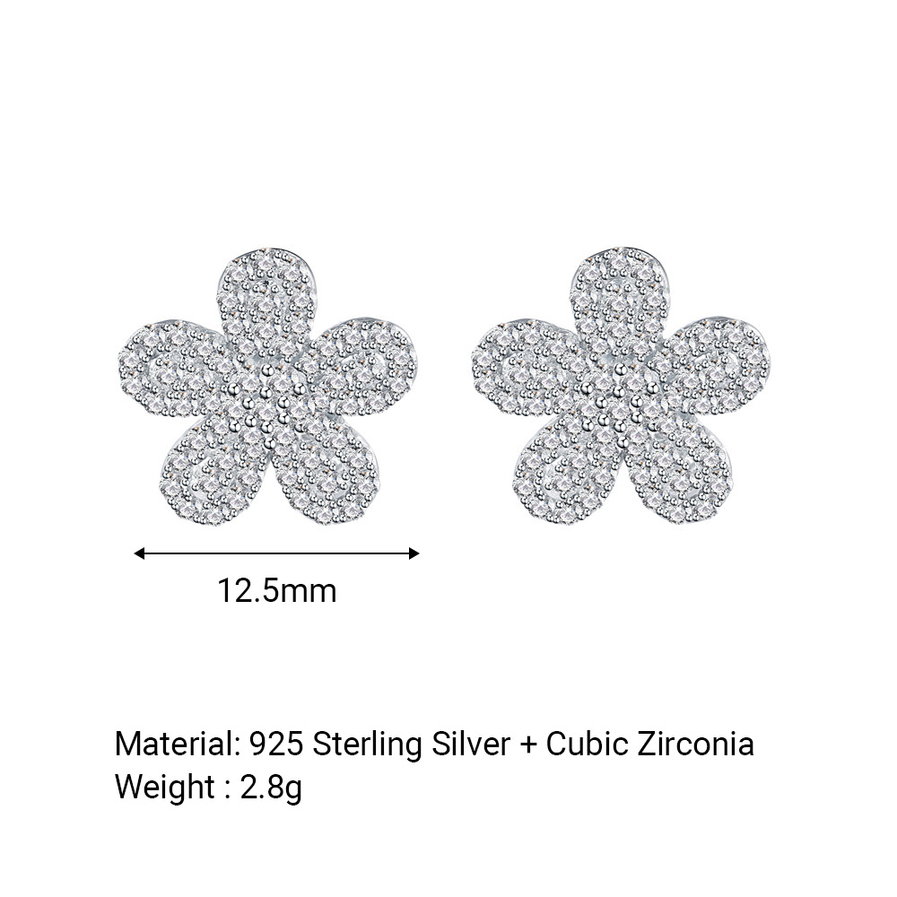 Silver Six Petal Flower Amazing Crystals Micro Pave S925 Sterling Silver Delicate Floral DesignStud Earrings view 5