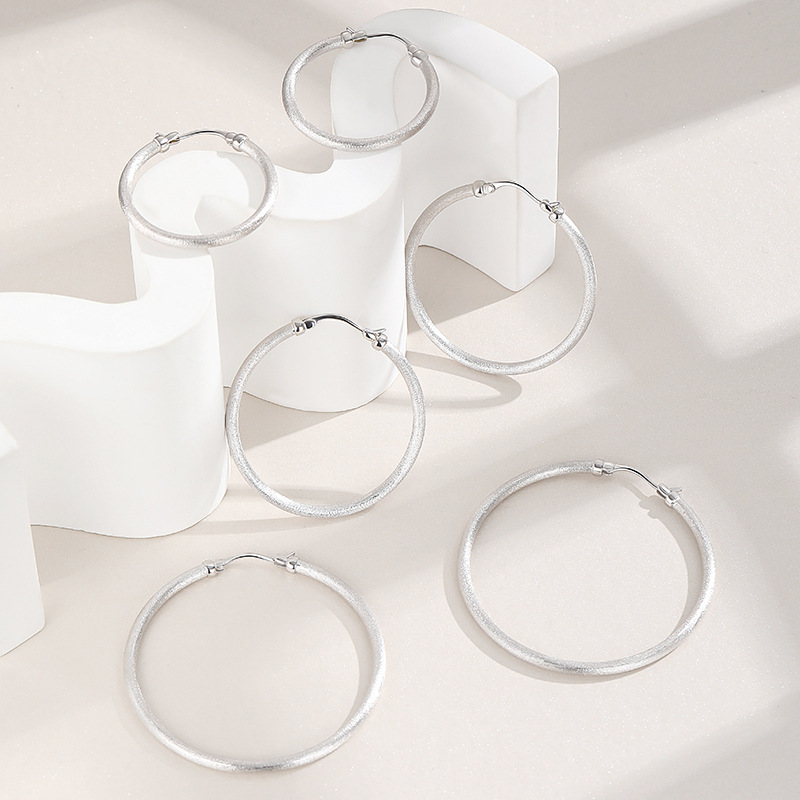 Geometric 925 Sterling Silver Round Matte Frosted Circle Hoop Earrings view 4