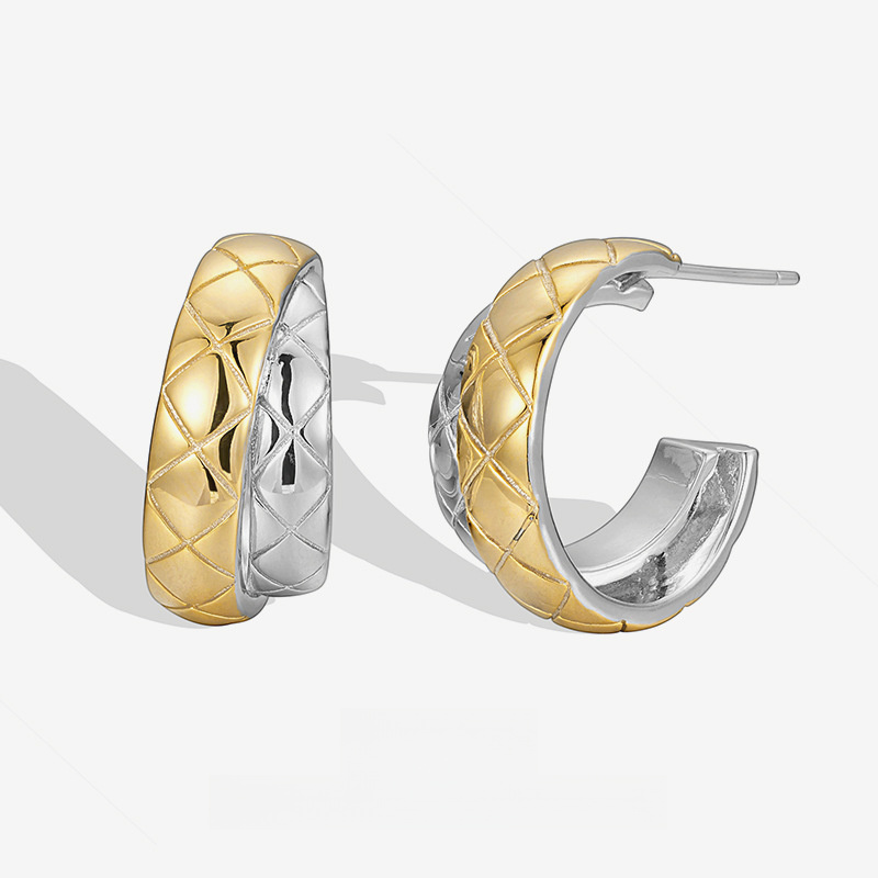 Geometric 925 Sterling Silver Diamond Lattice Pattern Modern Two-Tone Sculptural Hoop Earrings view 2