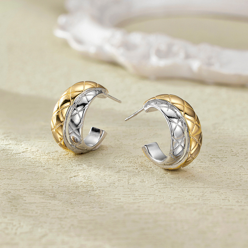 Geometric 925 Sterling Silver Diamond Lattice Pattern Modern Two-Tone Sculptural Hoop Earrings view 5