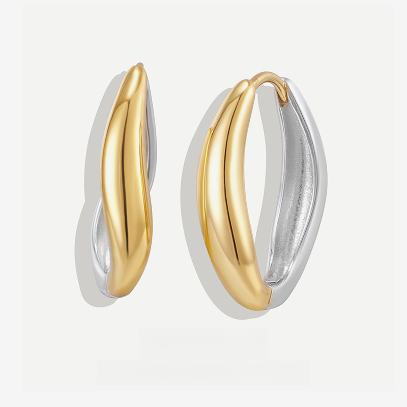 Geometric 925 Sterling Silver 18K Gold MinimalistModern Two-Tone Sculptural Hoop Earrings view 2