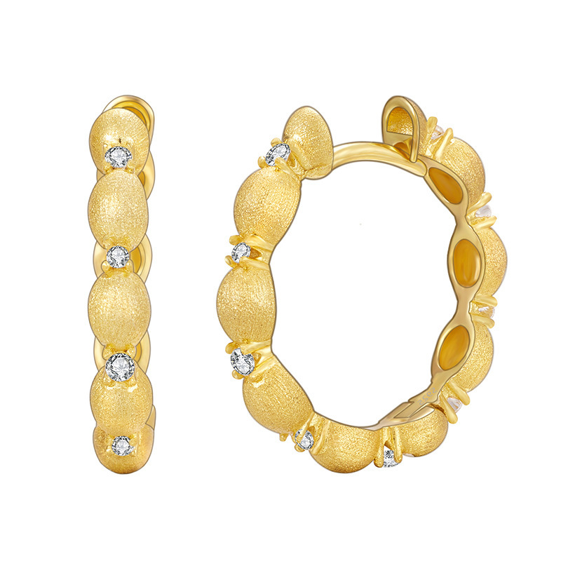 Geometric Hoop Amazing Crystals Brushed Oval Bead 18K Gold Plated 925 Sterling Silver Earrings