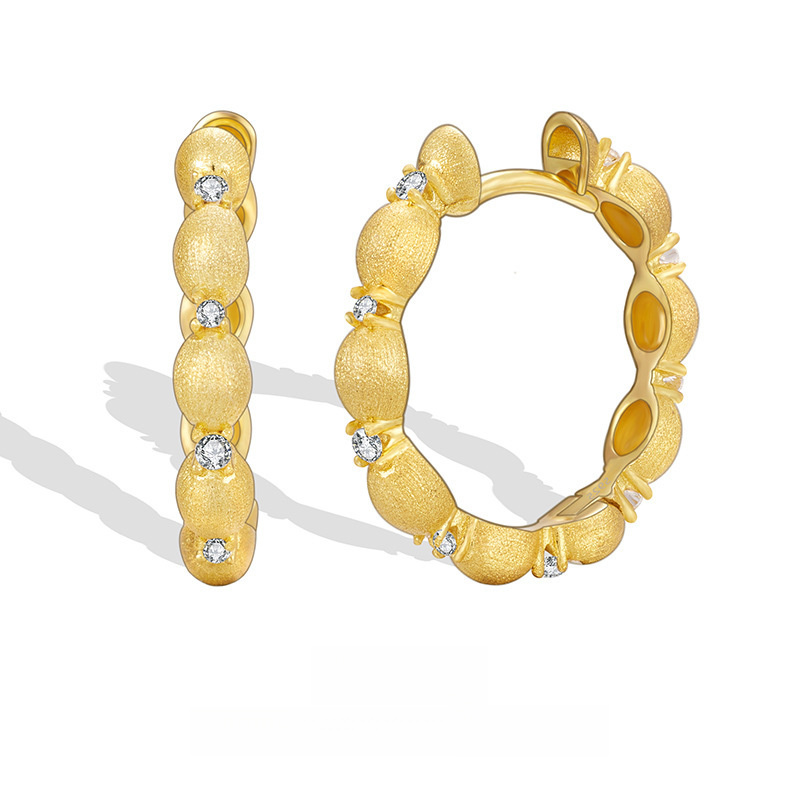 Geometric Hoop Amazing Crystals Brushed Oval Bead 18K Gold Plated 925 Sterling Silver Earrings view 2