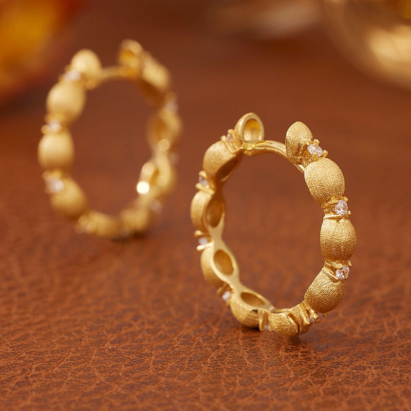 Geometric Hoop Amazing Crystals Brushed Oval Bead 18K Gold Plated 925 Sterling Silver Earrings view 3