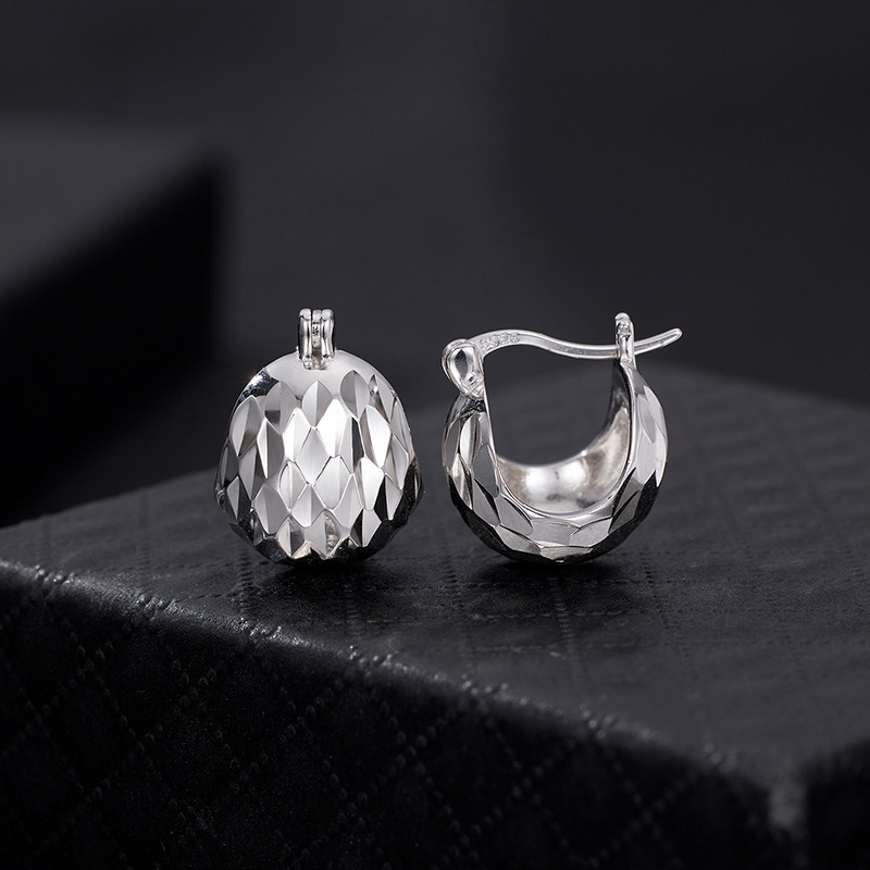 Minimalist Modern Solid 925 Sterling Silver Geometric Faceted Dome Huggie Hoop Earrings view 3