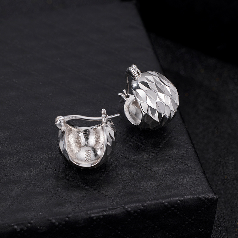 Minimalist Modern Solid 925 Sterling Silver Geometric Faceted Dome Huggie Hoop Earrings view 5