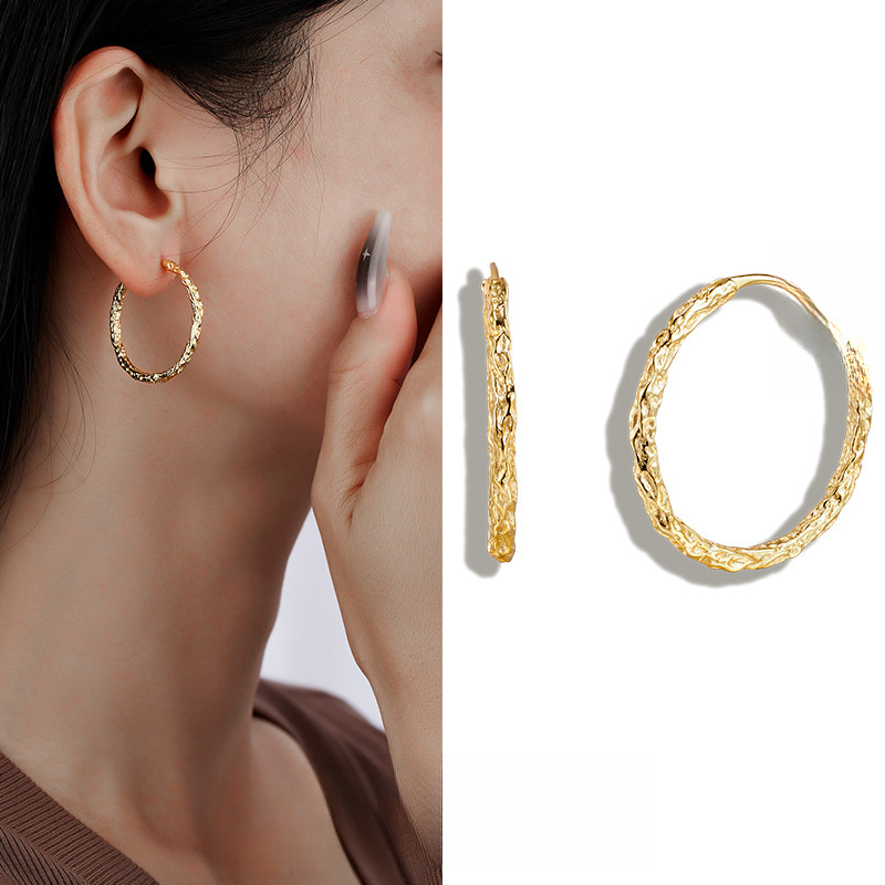 Geometric Textured Solid 925 Sterling Silver Round Circle Hoop Earrings view 2