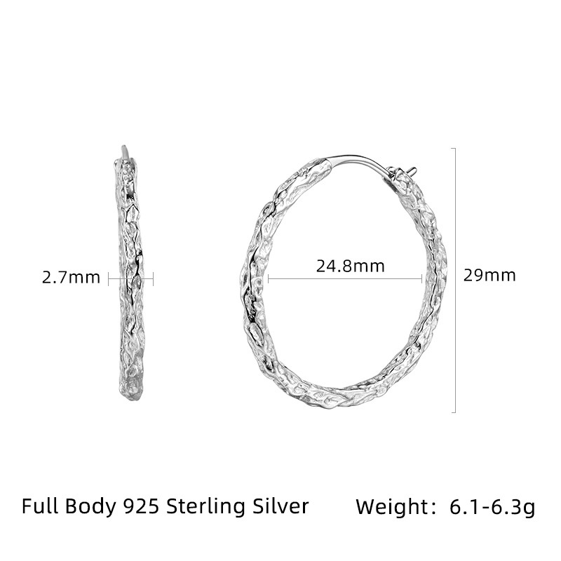 Geometric Textured Solid 925 Sterling Silver Round Circle Hoop Earrings view 4