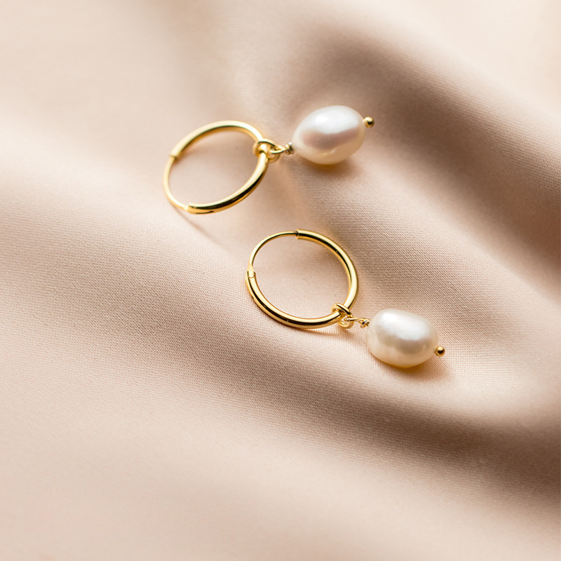 S925 Silver Geometric Oval Baroque Pearl Hoop Drop Earrings view 2