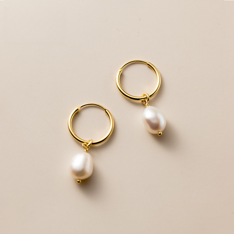 S925 Silver Geometric Oval Baroque Pearl Hoop Drop Earrings view 3