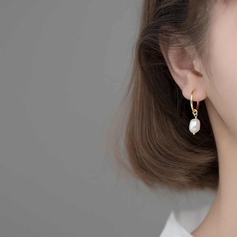 S925 Silver Geometric Oval Baroque Pearl Hoop Drop Earrings view 4