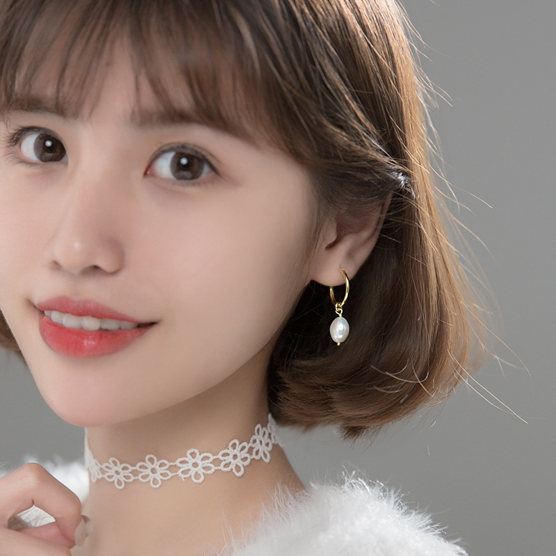 S925 Silver Geometric Oval Baroque Pearl Hoop Drop Earrings view 5