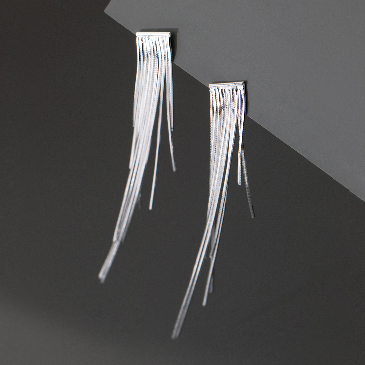 Geometric Line Drop Design S925 Silver Long Snake Chain Tassel Stud Earrings view 2