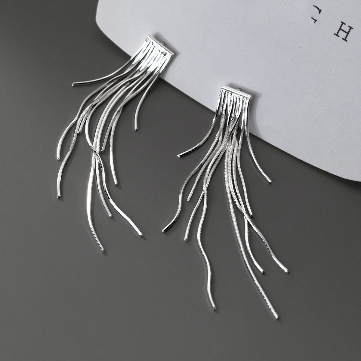 Geometric Line Drop Design S925 Silver Long Snake Chain Tassel Stud Earrings view 3