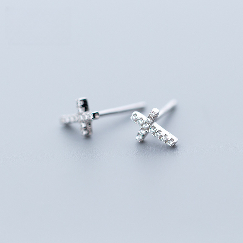 Religious Mini Delicate Cross Geometric Silver 925 Sterling Silver Stud Earrings view 2