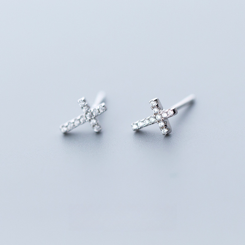 Religious Mini Delicate Cross Geometric Silver 925 Sterling Silver Stud Earrings view 3