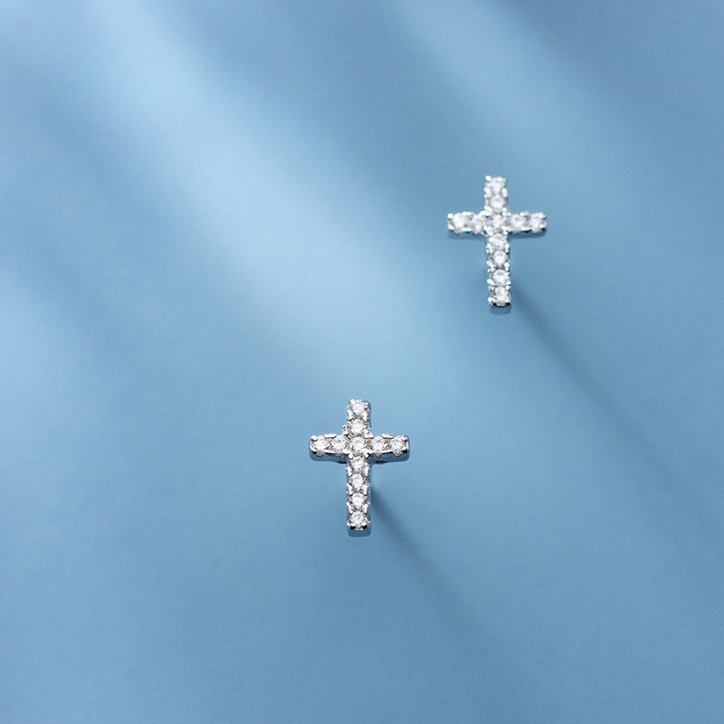 Religious Mini Delicate Cross Geometric Silver 925 Sterling Silver Stud Earrings view 5