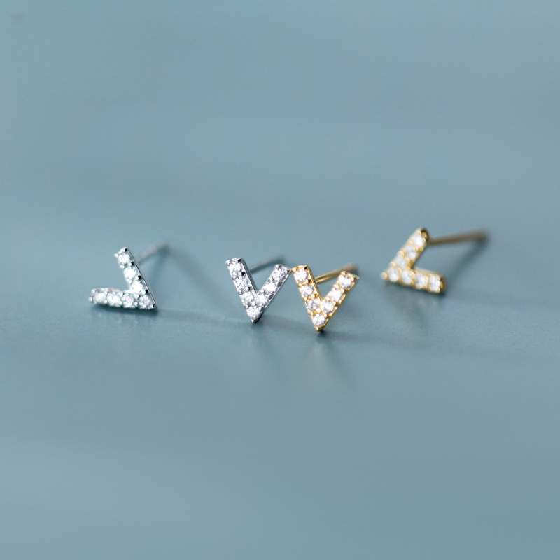 925 Sterling Silver Simple Geometric Mini Letter V Amazing Crystals Stud Earrings view 5