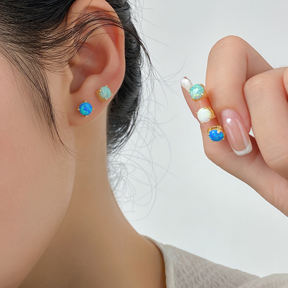 Geometric Four Prong Minimalist Delicate Round Blue White Green Opal S925 Sterling Silver Stud Earrings view 2