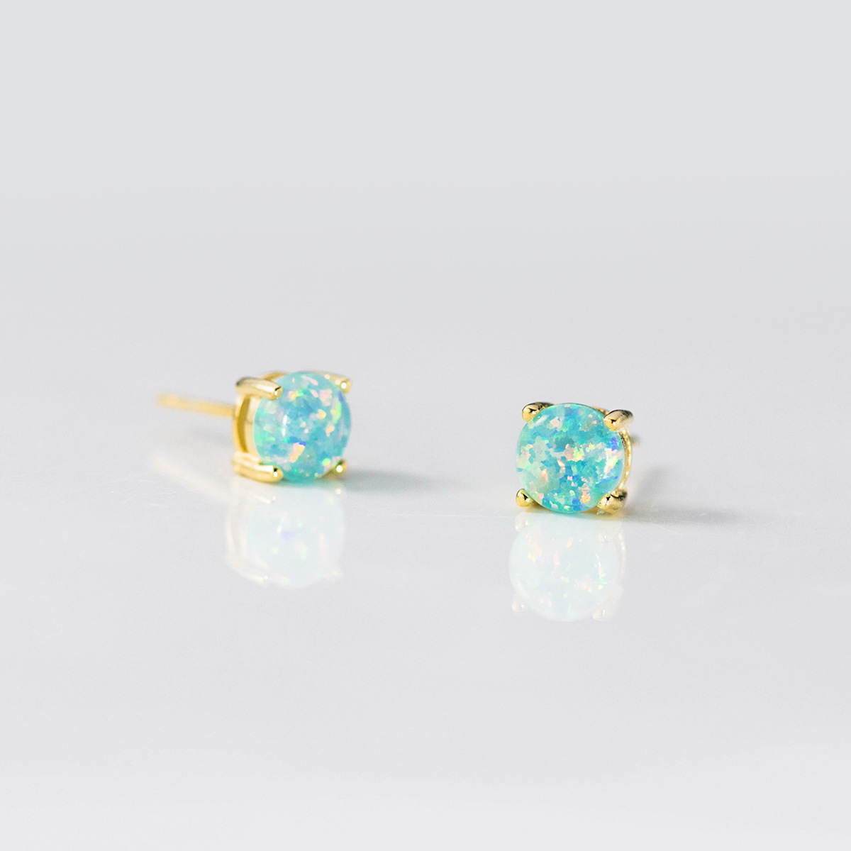 Geometric Four Prong Minimalist Delicate Round Blue White Green Opal S925 Sterling Silver Stud Earrings view 3