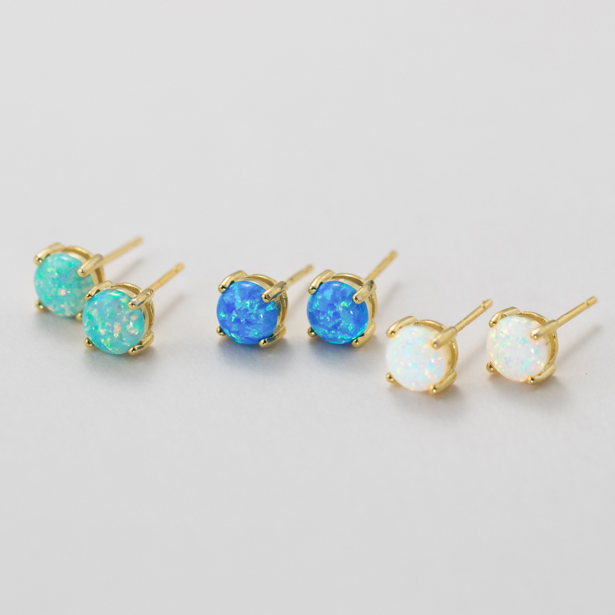 Geometric Four Prong Minimalist Delicate Round Blue White Green Opal S925 Sterling Silver Stud Earrings view 4