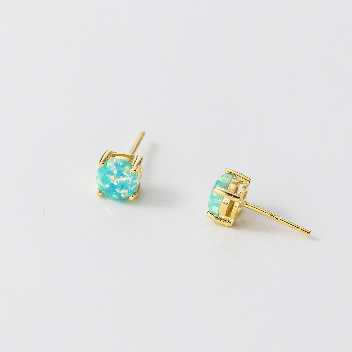 Geometric Four Prong Minimalist Delicate Round Blue White Green Opal S925 Sterling Silver Stud Earrings view 5
