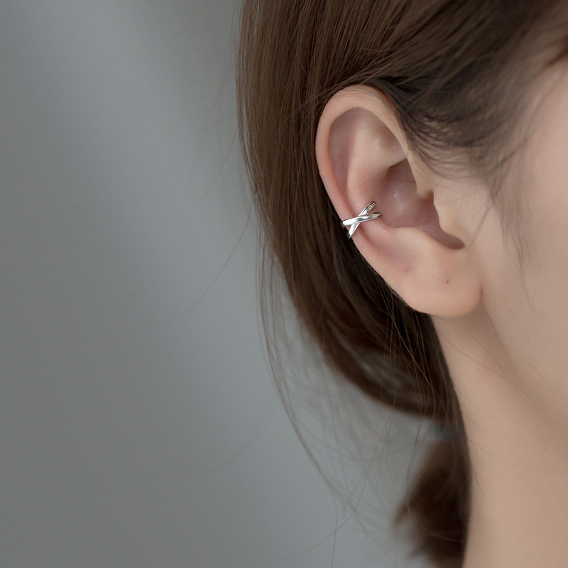 S925 Sterling Silver Silver Minimalist Double Layer Cross Wrap Ear Cuff view 2