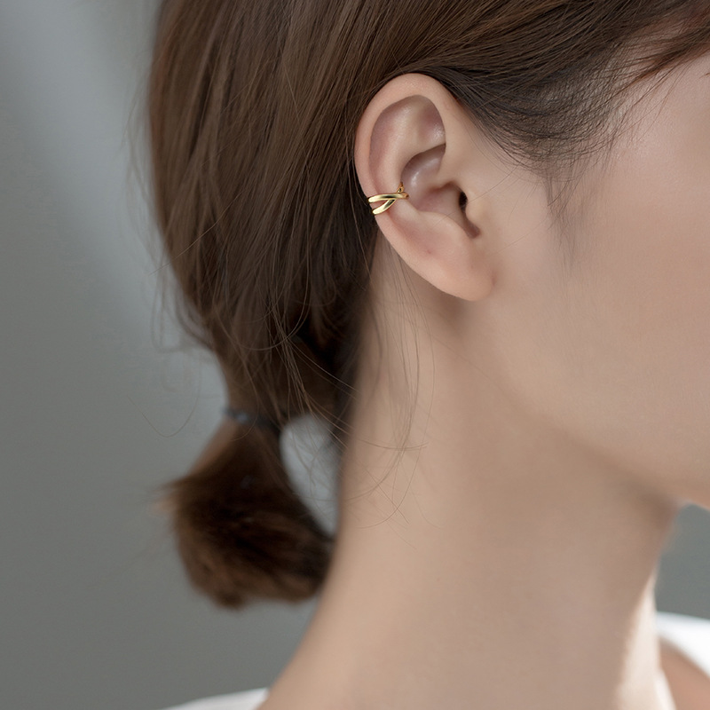 S925 Sterling Silver Silver Minimalist Double Layer Cross Wrap Ear Cuff view 4