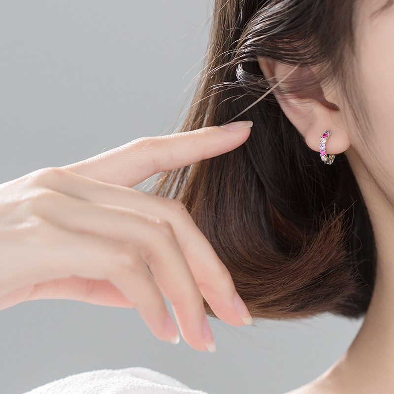 Multicolor Pink Purple Clear Amazing Crystals S925 Sterling Silver Delicate Short Huggie Earrings view 3