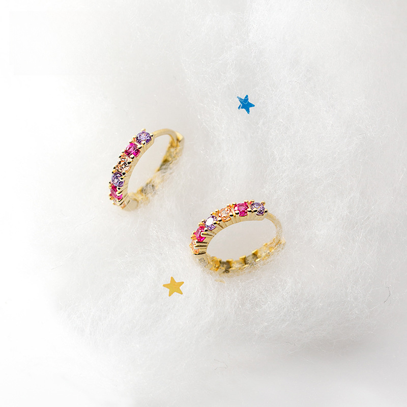 Multicolor Pink Purple Clear Amazing Crystals S925 Sterling Silver Delicate Short Huggie Earrings view 4