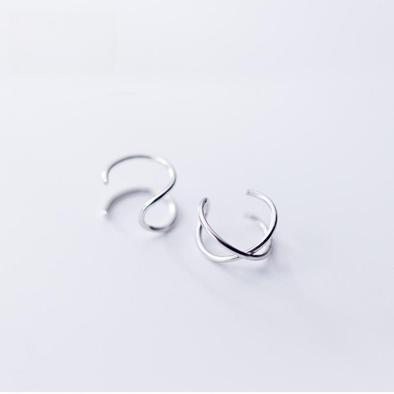 925 Sterling Silver Cross Double Layer Earrings Geometric Line Non Pierced Clip On Ear Cuff view 4